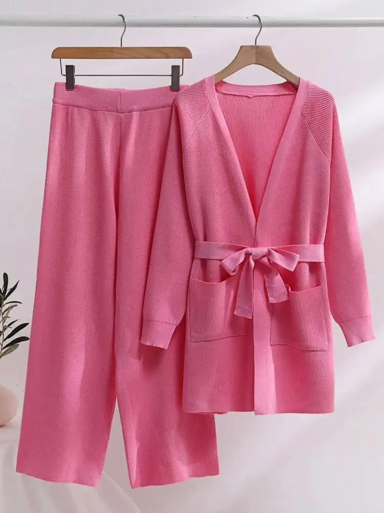 Winter Thicken Wide Leg Pants Knit Pocket Cardigan Coat Two-piece Set Women Autumn Fashion Loose Pants Suit Tracksuits Elegant