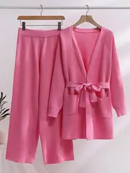 Winter Thicken Wide Leg Pants Knit Pocket Cardigan Coat Two-piece Set Women Autumn Fashion Loose Pants Suit Tracksuits Elegant