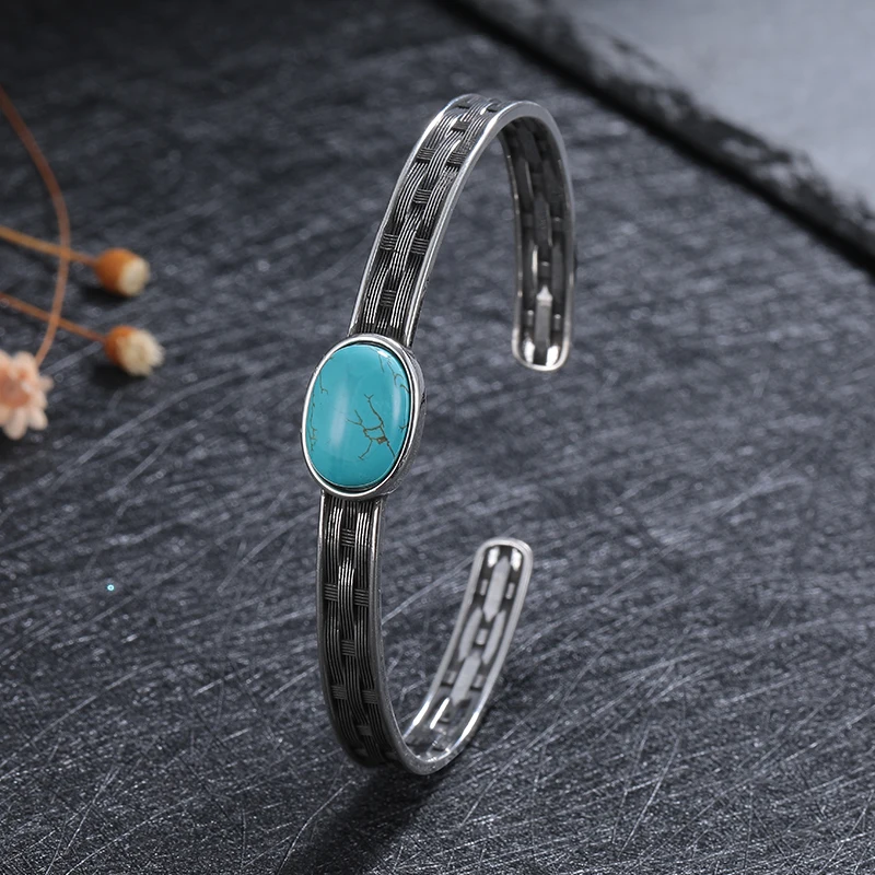 

Vintage Turquoise Open Cuff Bracelet for Women Antique Silver Plated Engraved Bangle Natural Stone Fine Jewelry Valentine Gift