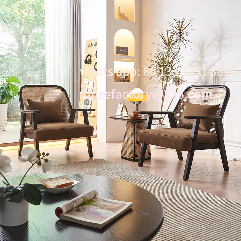 

Customizable Wood Sofa Chair Living Room Casual Black Rattan Chair B & B Hotel Balcony Backrest Armrest Chair