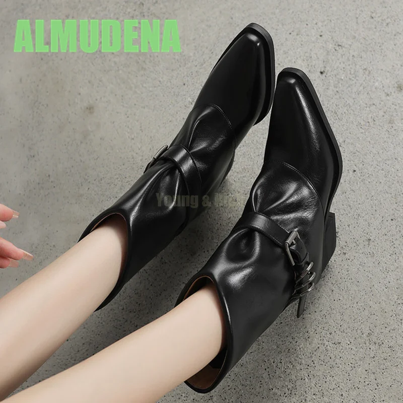 

Slope Heel Short Boots with Fashionable Metal Buckle Decoration Design Sexy Square Toe Thick Heel Sleeve Women's Boots
