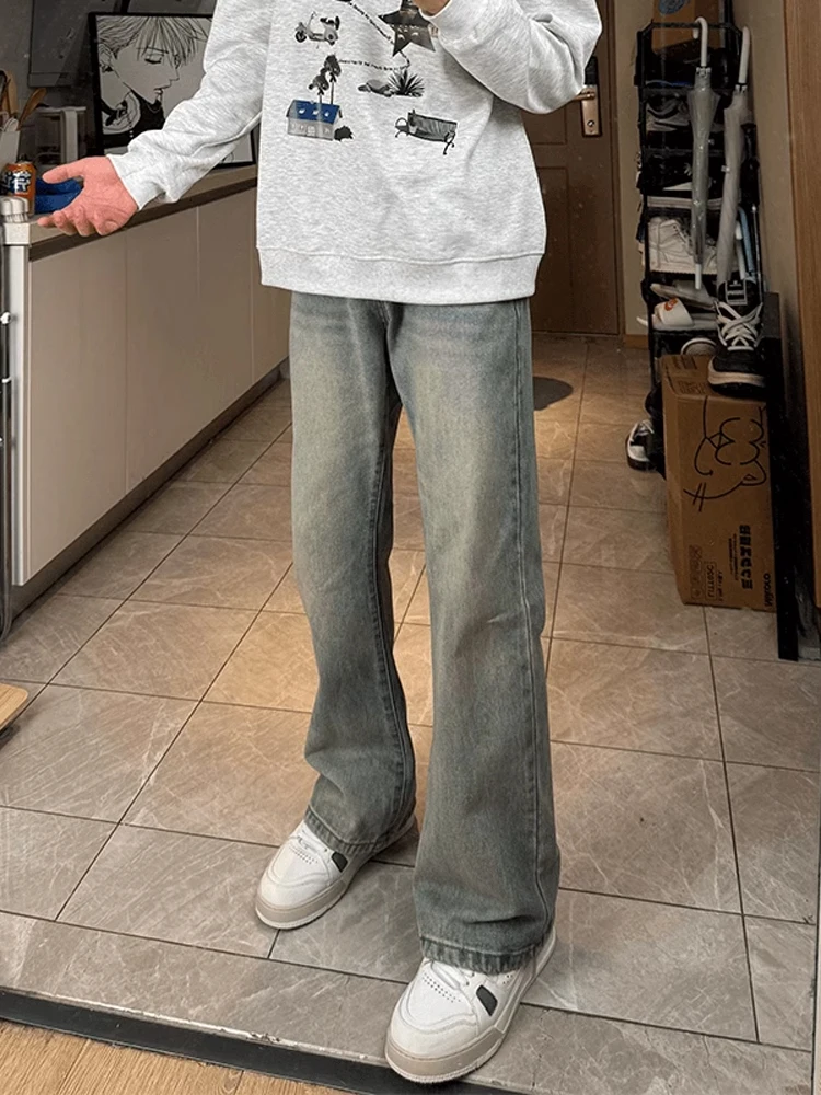 

Retro Waed Distred Knife Straight Leg Jeans Men's Spring American Vintage Tall Slim Fit Bootcut Trousers