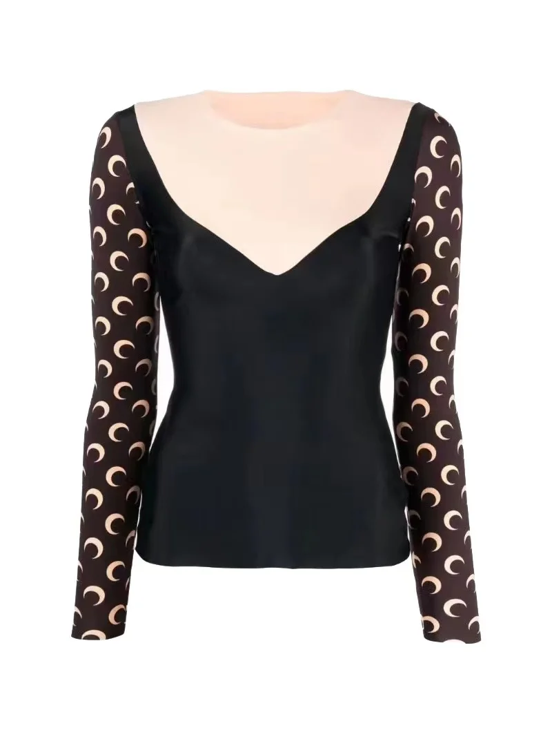 Sexy longue Sve Moon épissage Base irt femmes vêtements intérieurs crème solaire v-ne T-irt trajet Sle couleur Pure impression