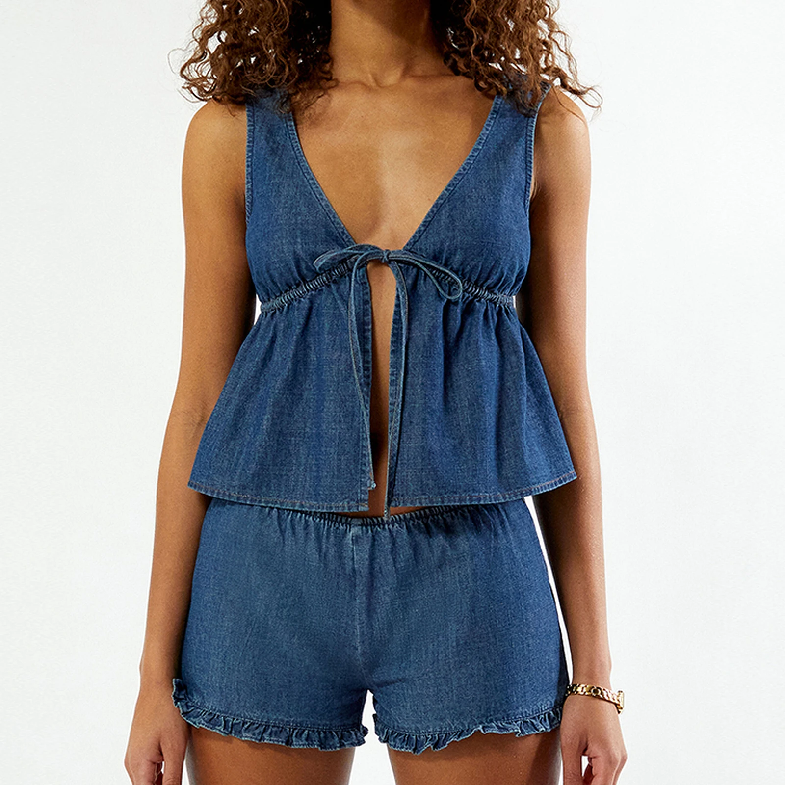 

New Fashion Women Denim Outfit Solid Deep V Neck Tie Front Tank Tops Elastic Waist Ruffle Shorts 2 Piece Summer Set S-XL