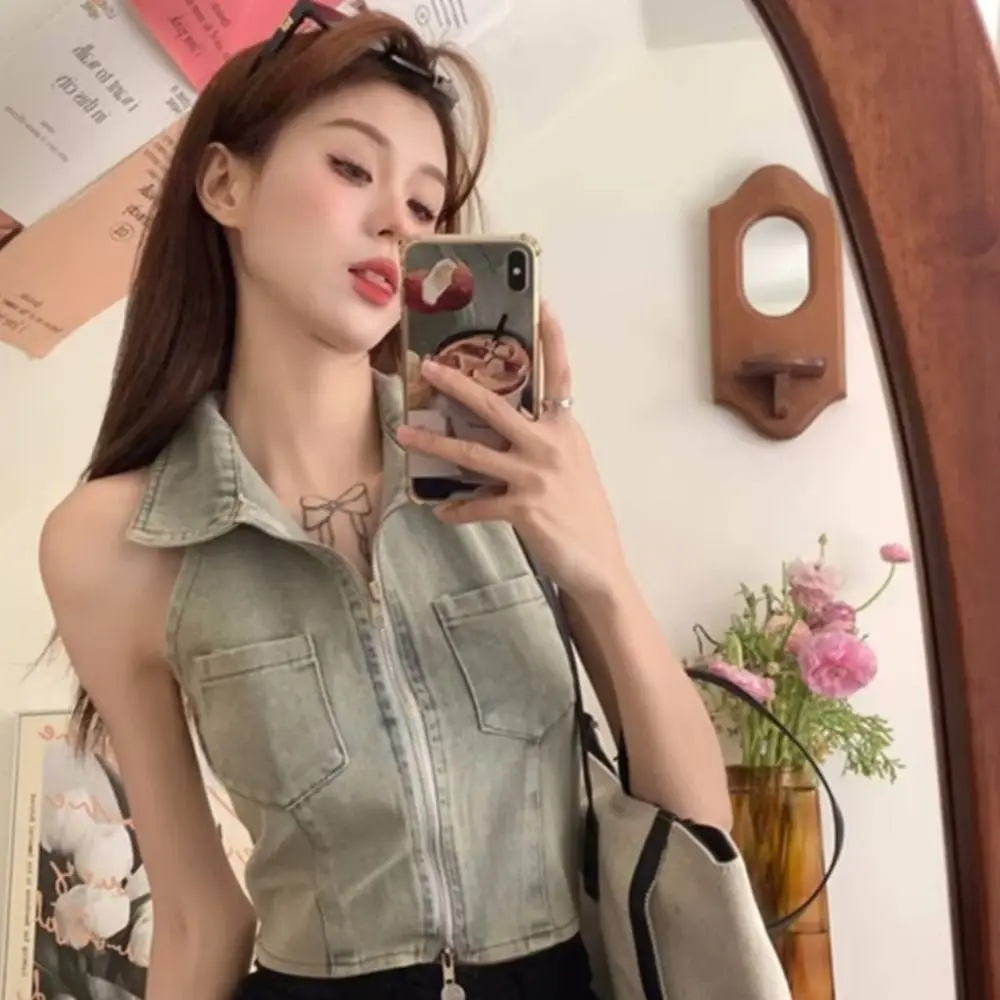 

Fashion Hanging Neck Denim Tank Top Spicy Girl Polo Neck Sleeveless Short Vest Sexy Slim Fit Hottie Sling Summer