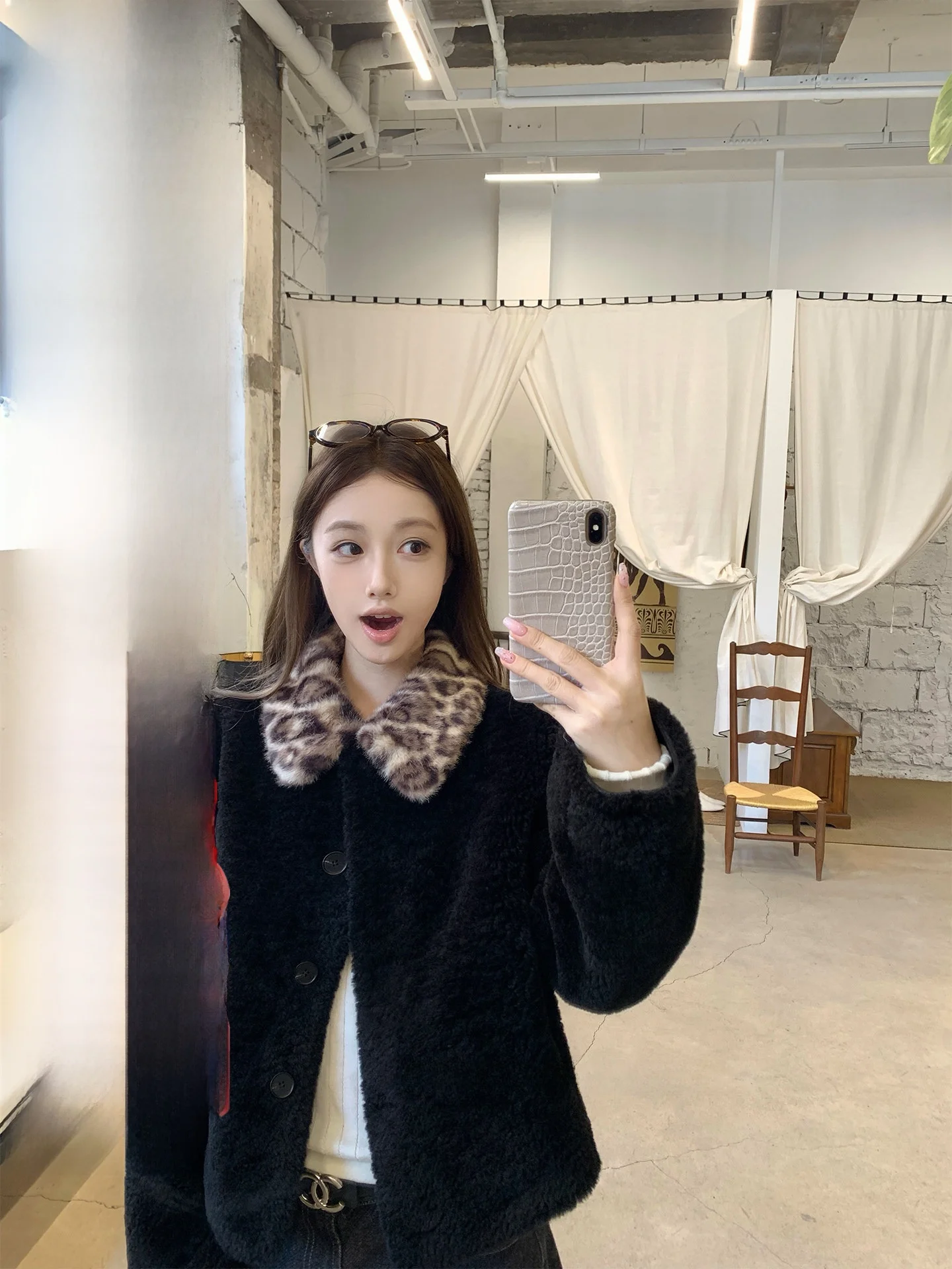 

Chestnut a Early Little Leopard Spot Collar Color Blo Warmth Outerwear Lamb Fur Women's Casual Sle Long Sve Coat