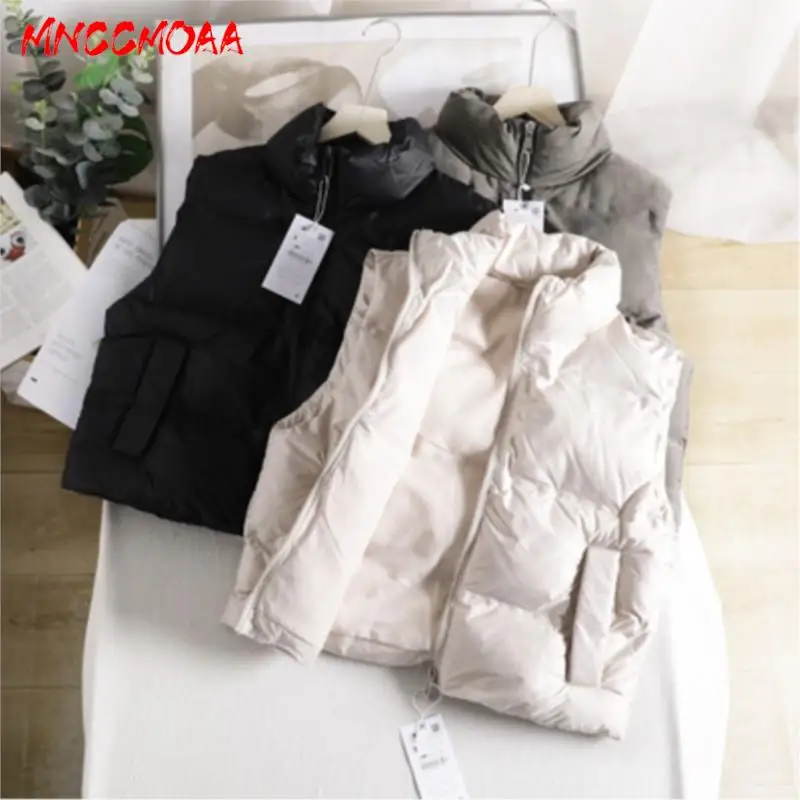 MNCCMOAA-Women's Sleeveless Waistcoat, Vest Coat, Loose, Stand Collar, Monochromatic, Casual Zipper Warm Top Winter Fashion 2024