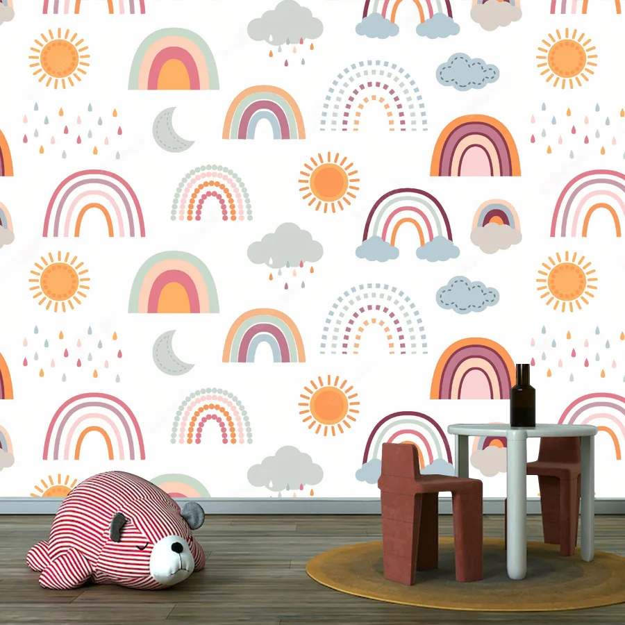 15+ Cartoon Cheerful Rainbow Baby Kids Child Bedroom Walls Art Mural,Self Adhesive Optional,Wallpaper for Living Room Renovation