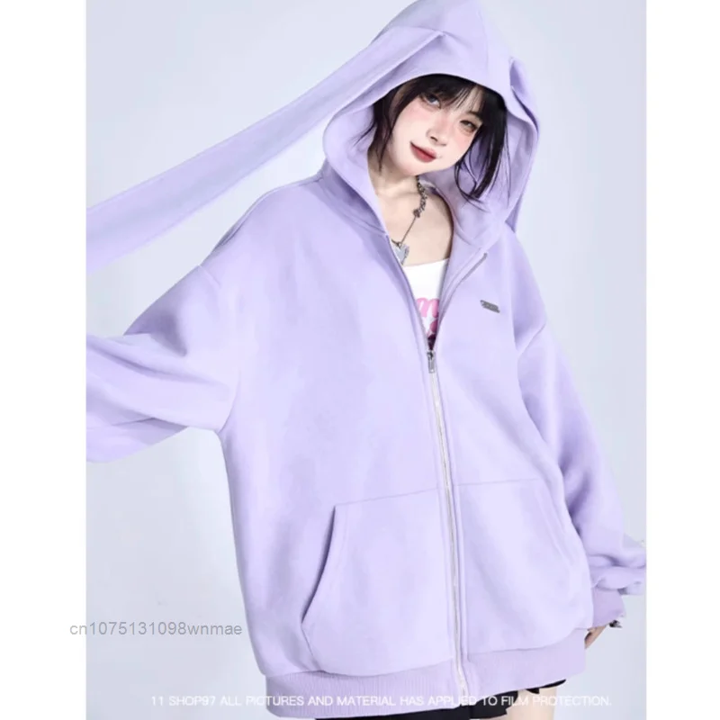 Trendy Purple Rabbit Girl Ear Hooded Sweater with Long Ears for Women Oversize Hoodie Loose Zipper Cardigan Coat Clothes