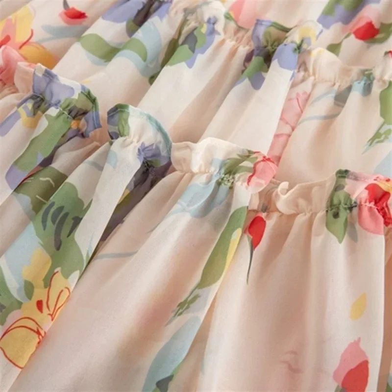 Summer Children\'s Floral Chiffon Beach Dress Floral Fashion Children\'s Clothing Holiday Dress Girl 2-10 Years Old Kids Clothes