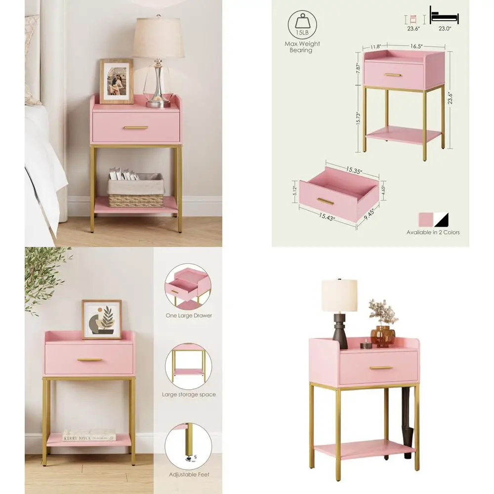 

Современная прикроватная тумбочка розового и золотого цвета с выдвижным ящиком и открытой полкой для спальни и гостиной