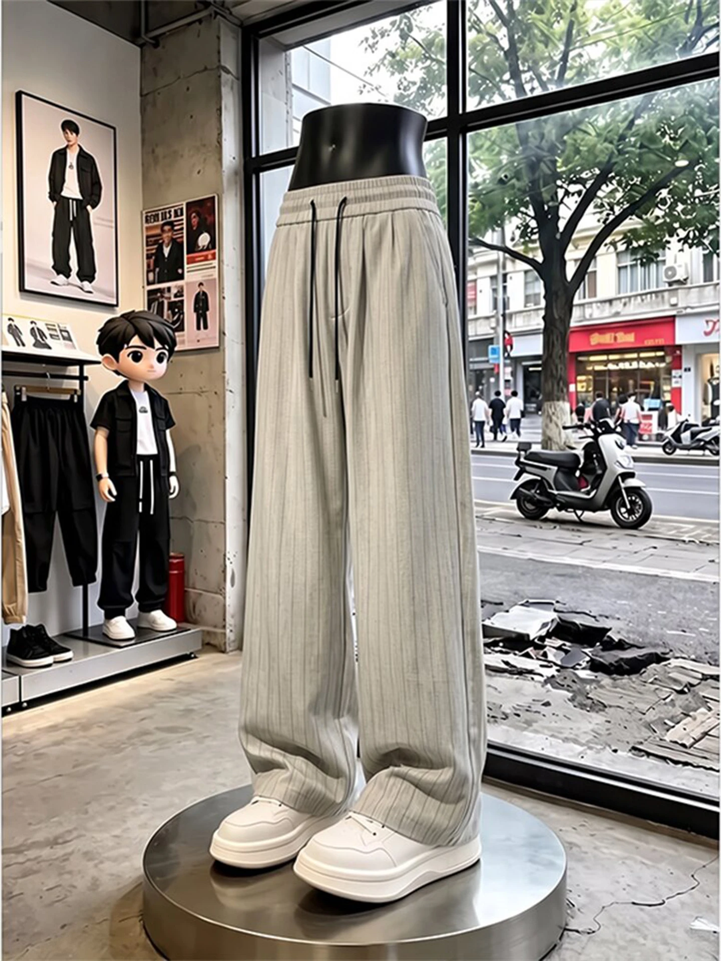 Khaki Vertical Stripe Men's Summer Thin Wide Leg Pants Casual Drapey Loose Fit Trousers CleanFit Style Comfortable Breathable