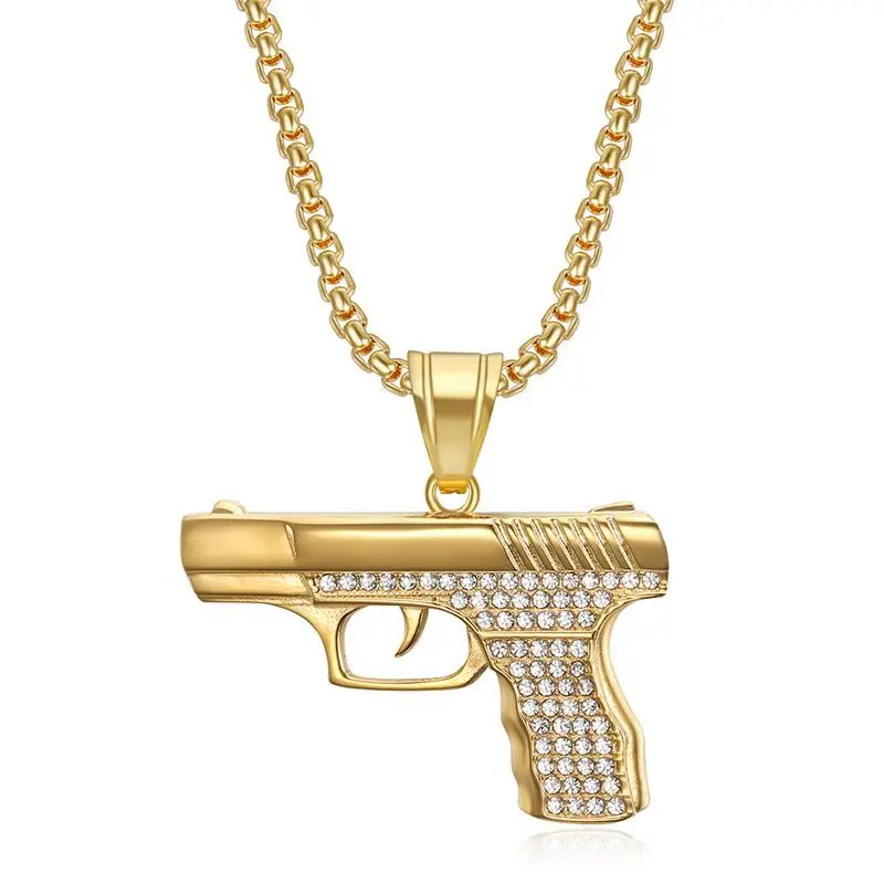 Hip Hop Rock Solid Titanium Steel Automatic Pistol Gun Pendants Necklaces for Men Rapper Jewelry Gold Silver Color Drop Shipping