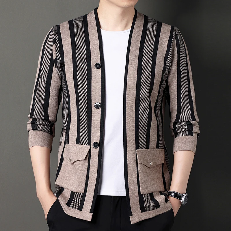 

High End Quality Men's Striped Knitted Sweater Cardigan Autumn Winter New Color Blocked Double Pocket Jacket Commute Menswear