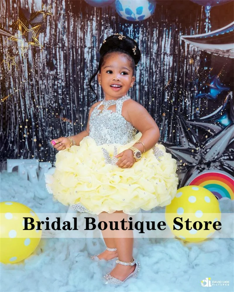 Glitter Diamonds Yellow Child Princess Dress Sparkly Crystals Rhinestones Beads Pageant Cute Flower Girl Birthday Customized