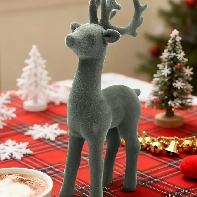 Flocked Grey Reindeer Figurines Set Resin Christmas Decor For Rustic Farmhouse Home Holiday Ornaments