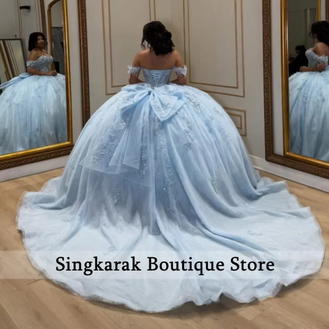 Sky Blue Shiny Quinceanera Dresses Off Shoulder Applique Lace Beads Bow Party Birthday Sweet 16 Dress Vestidos Customized