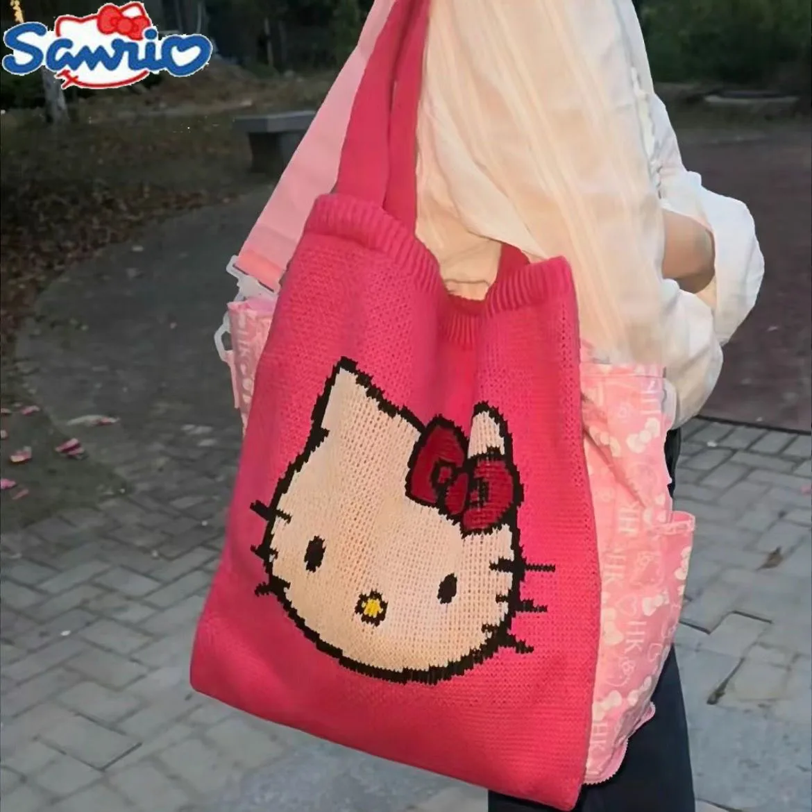 

Милая модная дорожная сумка Hello Kitty Sanrio ручной вязки на молнии, женская сумка через плечо, милые сумки для покупок, сумка через плечо для девушек, подарок
