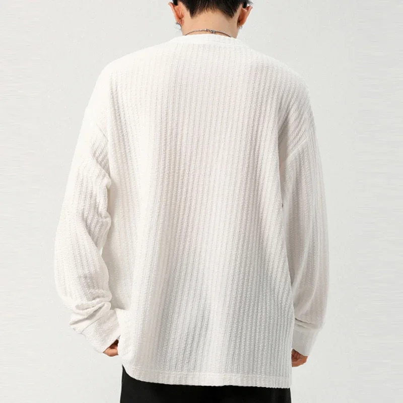 Autumn Male V Notch Neck Long Sleeve Top Vertical Striped Woven Fabric Relaxed Cut Urban Travel Daily Commute Garment - view 4