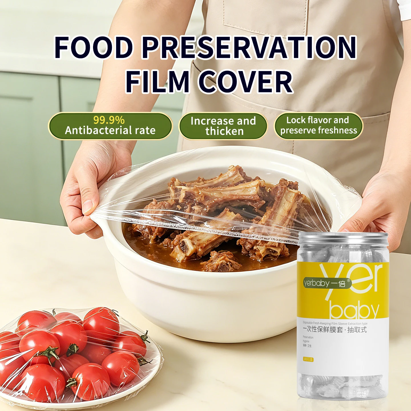 Extra Large Antibacterial Plastic Bowl Covers Elastic Cling Film Sleeves for Food Storage 100 Count Canister