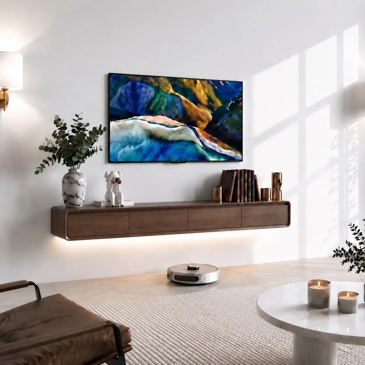 Wall-Mounted Floating TV Stand Flip-Down Doors & Drawers Solid Wood Media Console 94.5