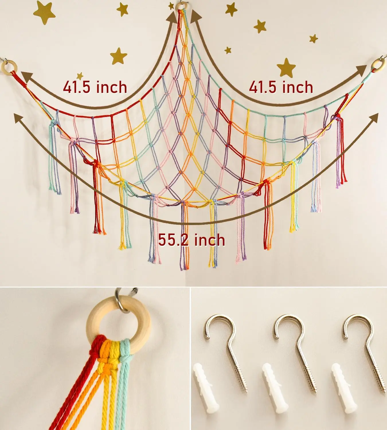 Boho Stuffed Animals Net Hammock Large Toy Macrame Wall Hanging Storage Corner Hanging Net Holder for Bedroom Nursery Decor GIft