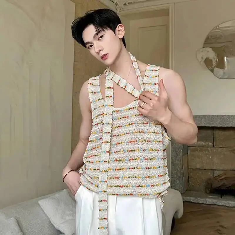 LUZHEN Sleeveless 2026 New Original Colorful Polka Dots Decorate Ribbon Tank Tops Men's Fashion Knitted Handsome T-shirts JY8066