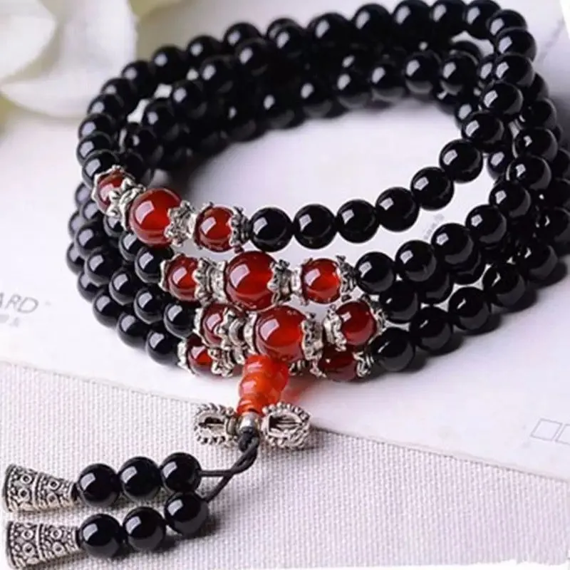 Obsidian Bracelet With 108 Buddhist Prayer Beads, Multi-Strand Design, Featuring Six-Syllable Mantra And Tiger'S Eye Stone