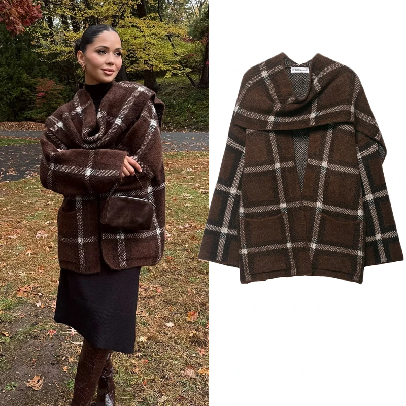 

Женский свитер с клетчатым шарфом в стиле ретро, осень 2022, новинка 202, женский трикотаж с длинными рукавами, куртка, кардиган, вязаный свитер, вязаное пальто