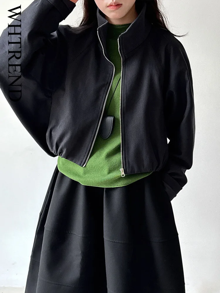 

WHTREND Minimalism Style Stand Collar Navy Blue Short Jacket For Women Autumn New Cool High End Zipper Jackets WH1849