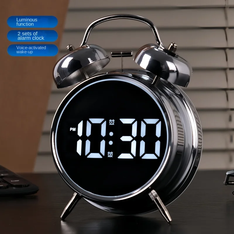 Супер громкий будильник, светодиодный электронный интеллектуальный студенческий будильник для пробуждения - металлический внешний вид в стиле ретро, питание от батареи Супер громкий будильник, светодиодный электронный интеллектуальный студенческий будильник для пробуждения - металлический внешний вид в стиле ретро, питание от батареи