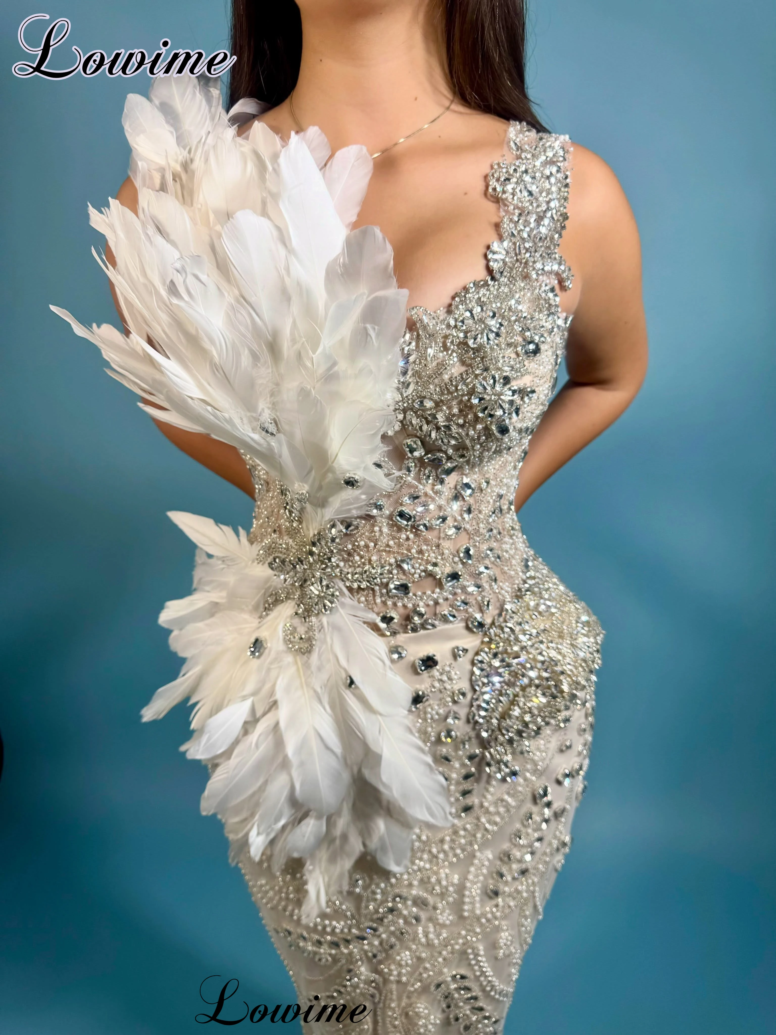 2027 New Beige Beaded Prom Dresses Mermaid Elegant Women's Cocktail Dresses With Feathers Coutures Vestidos De Cóctel Customized