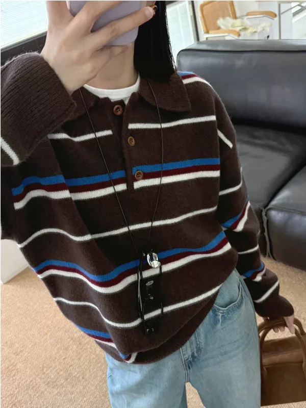 Korean Striped Knitwear Long Sleeve  Neck Loose Casual Top for Women Autumn Fashion Design Soft Polyester Blend Warmth