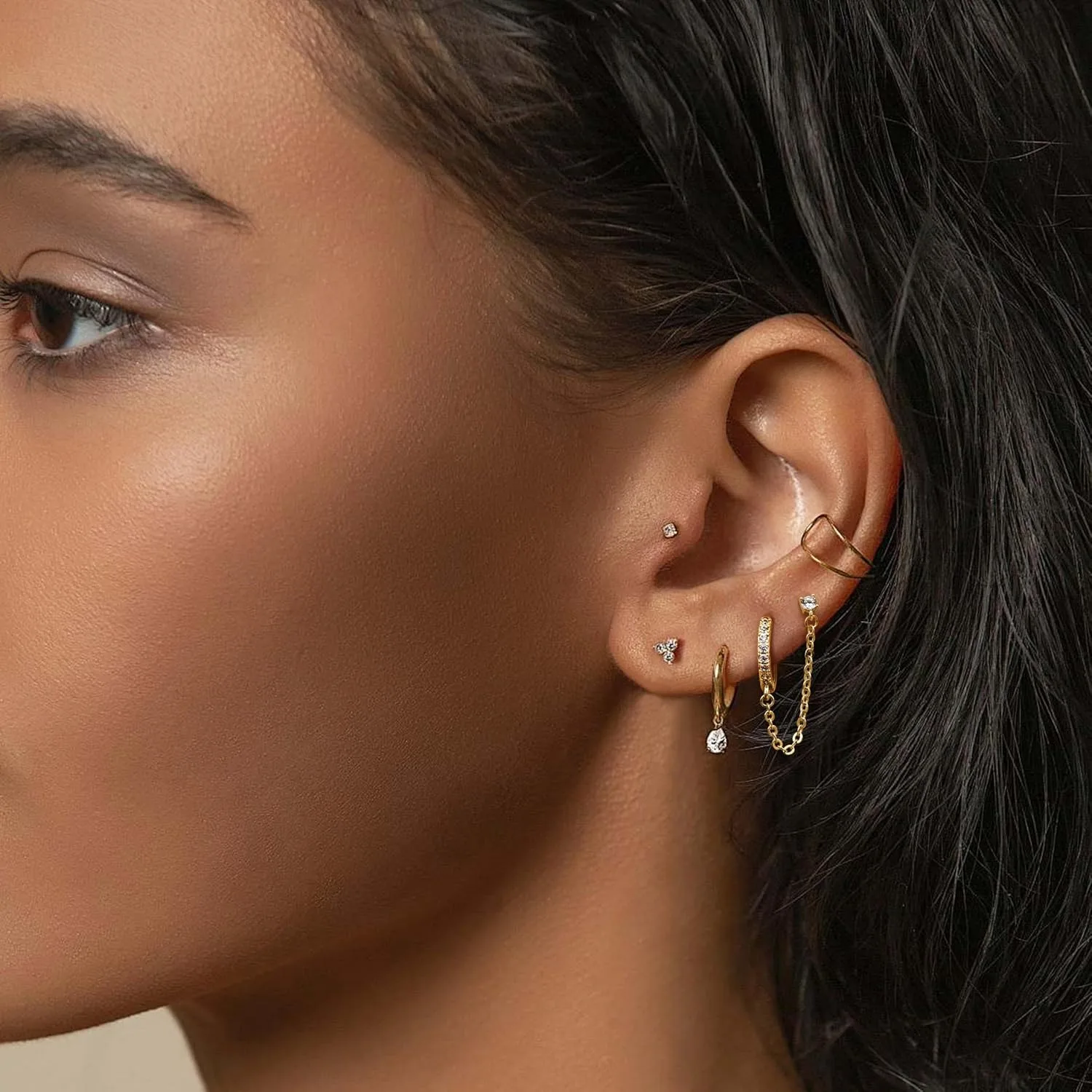 FASACCO Silver Needle Gold Plated Double Piercing Stud Hoop Chain Earrings Hypoallergenic CZ Multi Ear Holes Women Pack of 2