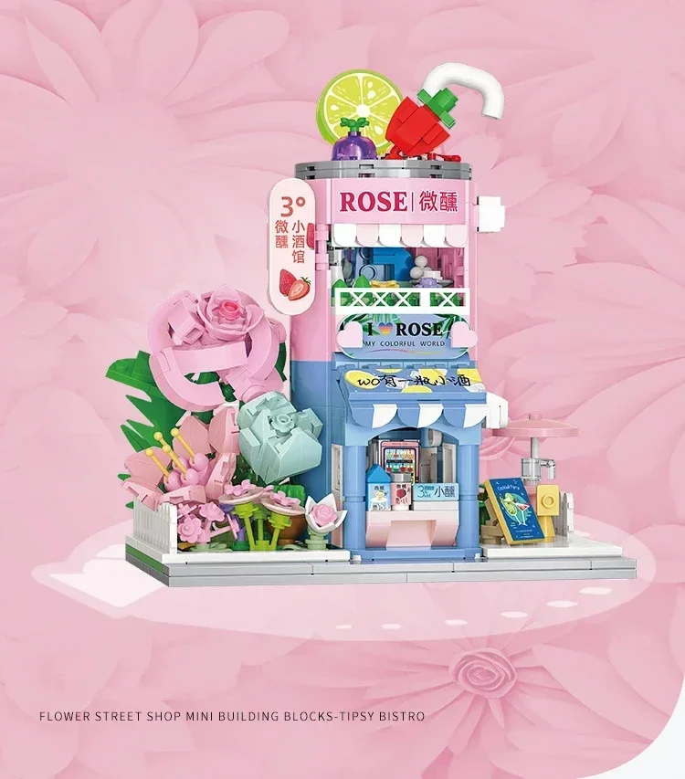 Cute Mini Store Building Blocks Coffee/Lemonade/Rose Shop Model Assembly Education Toys for Kids Girls Holiday Birthday Gifts