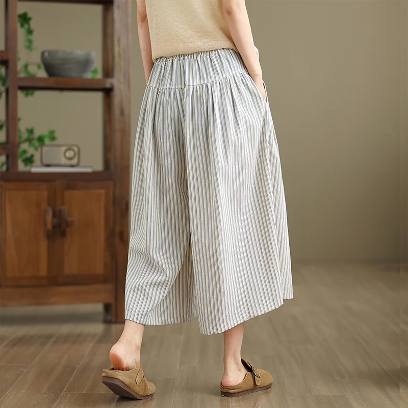 Emagrecimento cintura alta algodão linho calças de perna larga das mulheres preguiçoso sle sete Polegada calças roxo listrado calças casuais