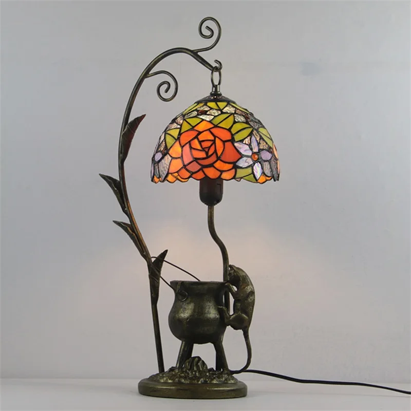 ULANI Tiffany Glass Table Light LED Creative Resin Bedside Desk Lamp Flower Shape Lampshade For Home Living Room Bedroom