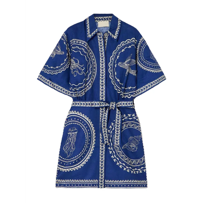 ABRT-Women's Floral Cotton And Linen Button-Down Wrap-Tie Bohemian Beach Shirt Dress (With Belt)