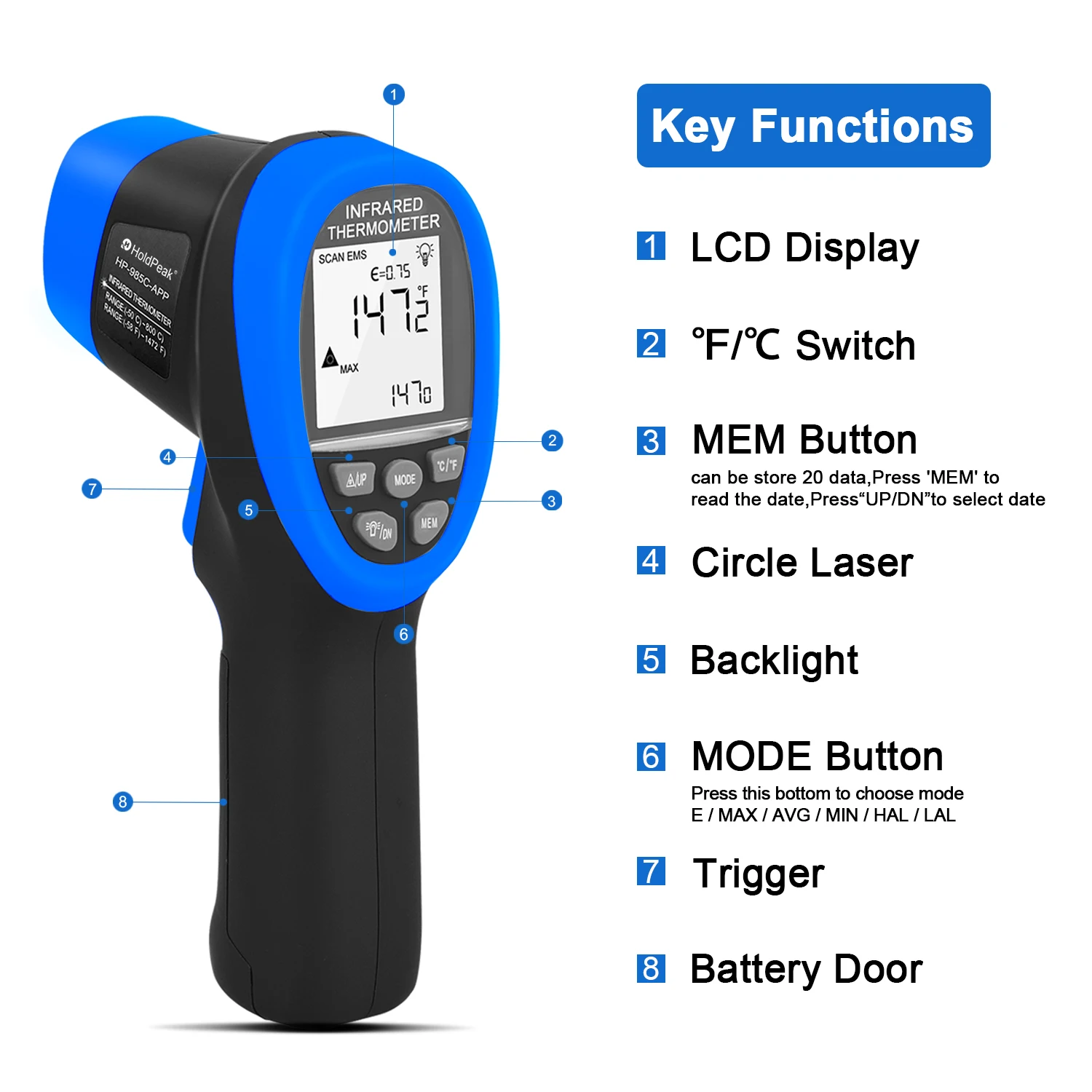 Infrared Thermometer Gun with Bluetooth App Access, -50°C to 800°C, Laser Targeting and Adjustable Emissivity, HoldPeak 985C-APP