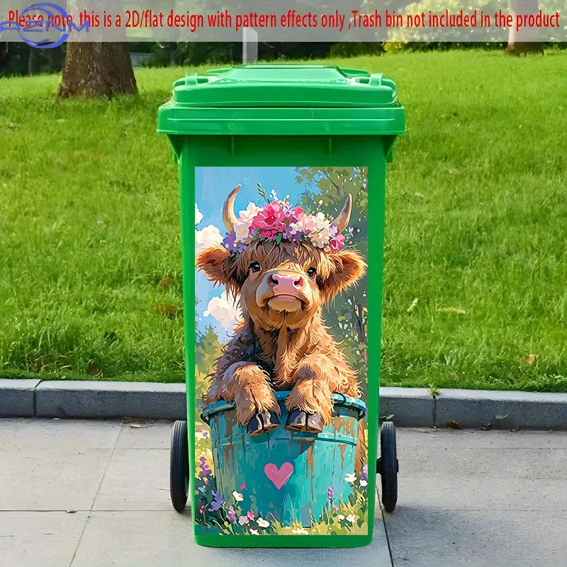 [2D Flat Printing] 1pc 2D Pattern Printed Kitchen Trash Can Sticker, X inch, Cute Cow Admiring Flowers Theme Kitchen Home Deco
