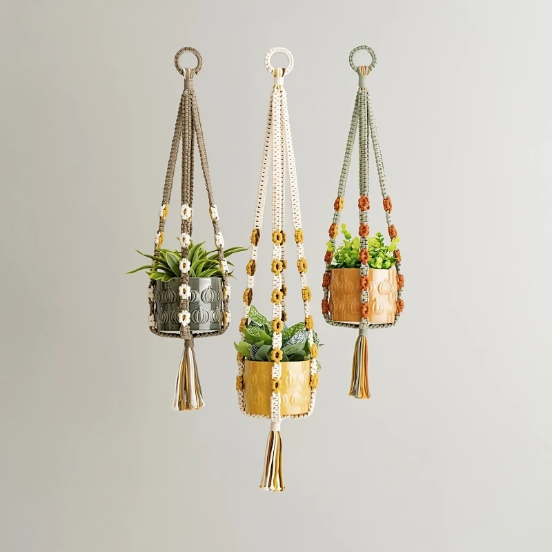 

Bohemian Style Handmade Woven Plant Hanging Decoration Handmade Cotton Rope Hanging Flower Basket with Decor, Home Decoration