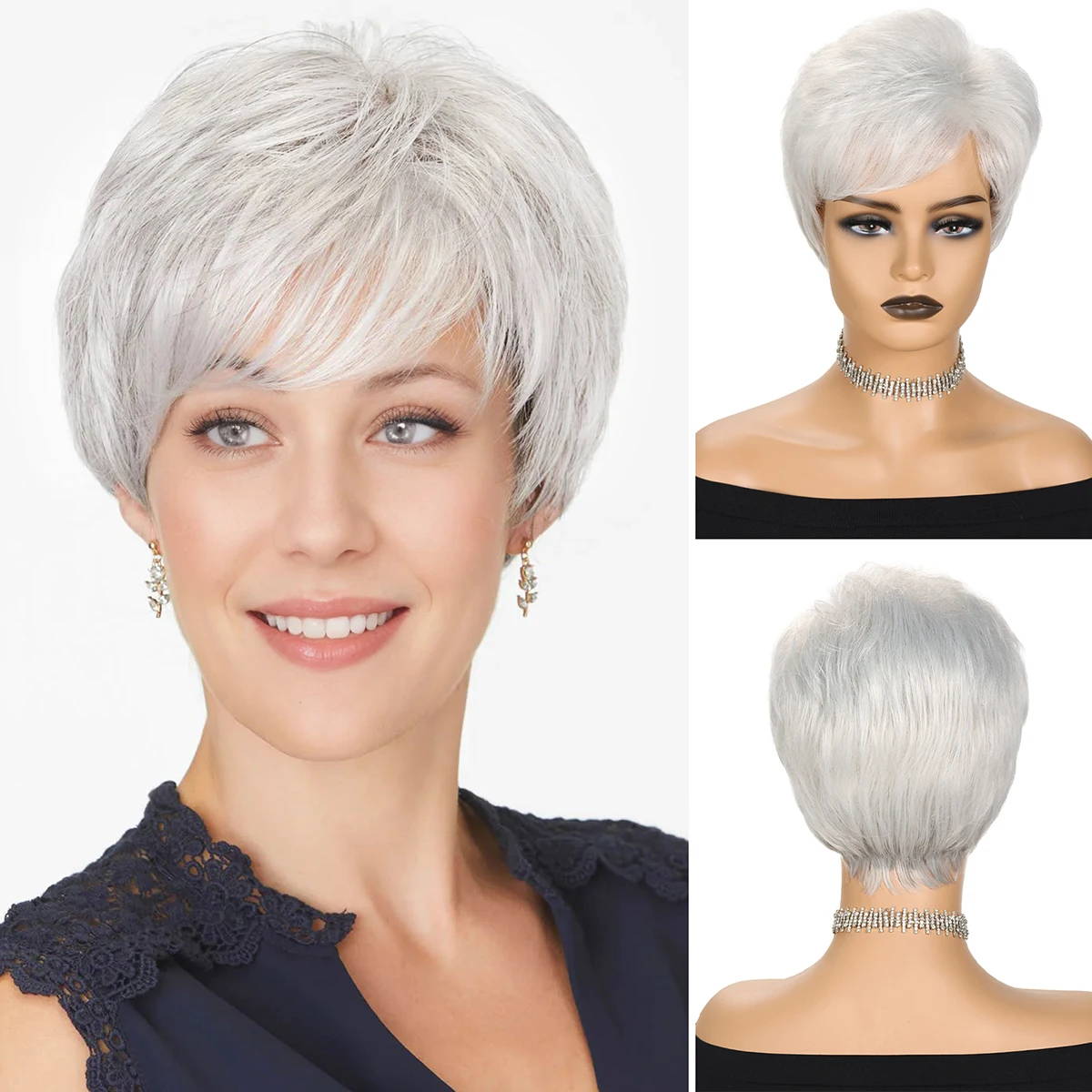 BCHR Silvery White Wig Short White Wig Women Layered Natural Fluffy Synthetic Hair Halloween Costume Wigs for White Women