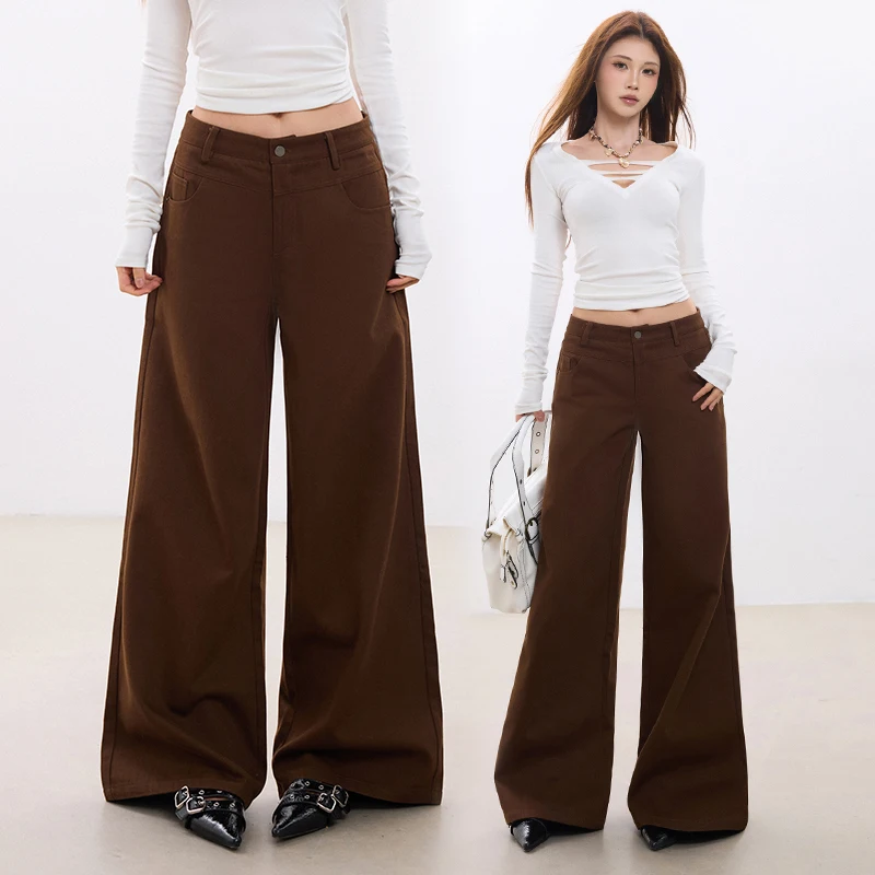 American Vintage High Waist Brown Wide Leg Flare Jeans Women Loose Drape Floor Length Casual All Match Denim Trousers