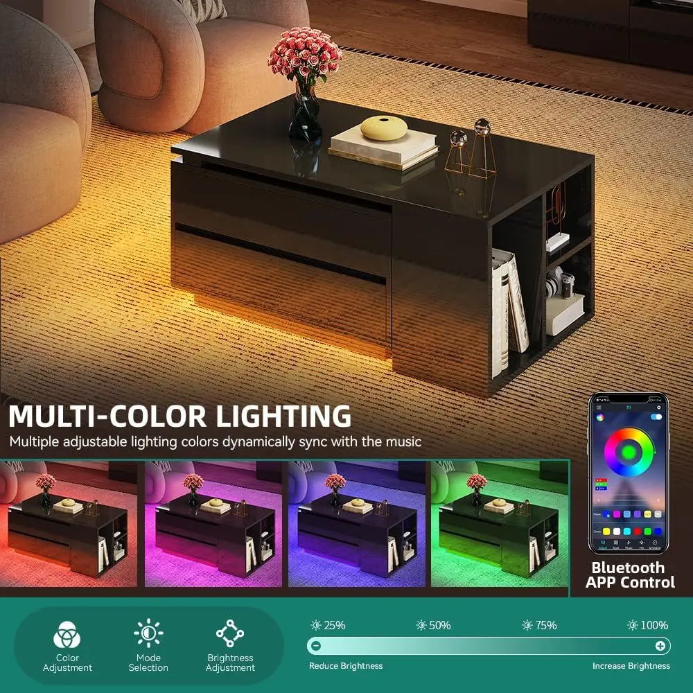 طاولة قهوة حديثة مستطيلة LED مع 4 أدراج، تخزين قابل للتمديد، أرفف مفتوحة، سطح منزلق، 35-61 لغرفة المعيشة/المنزل #3