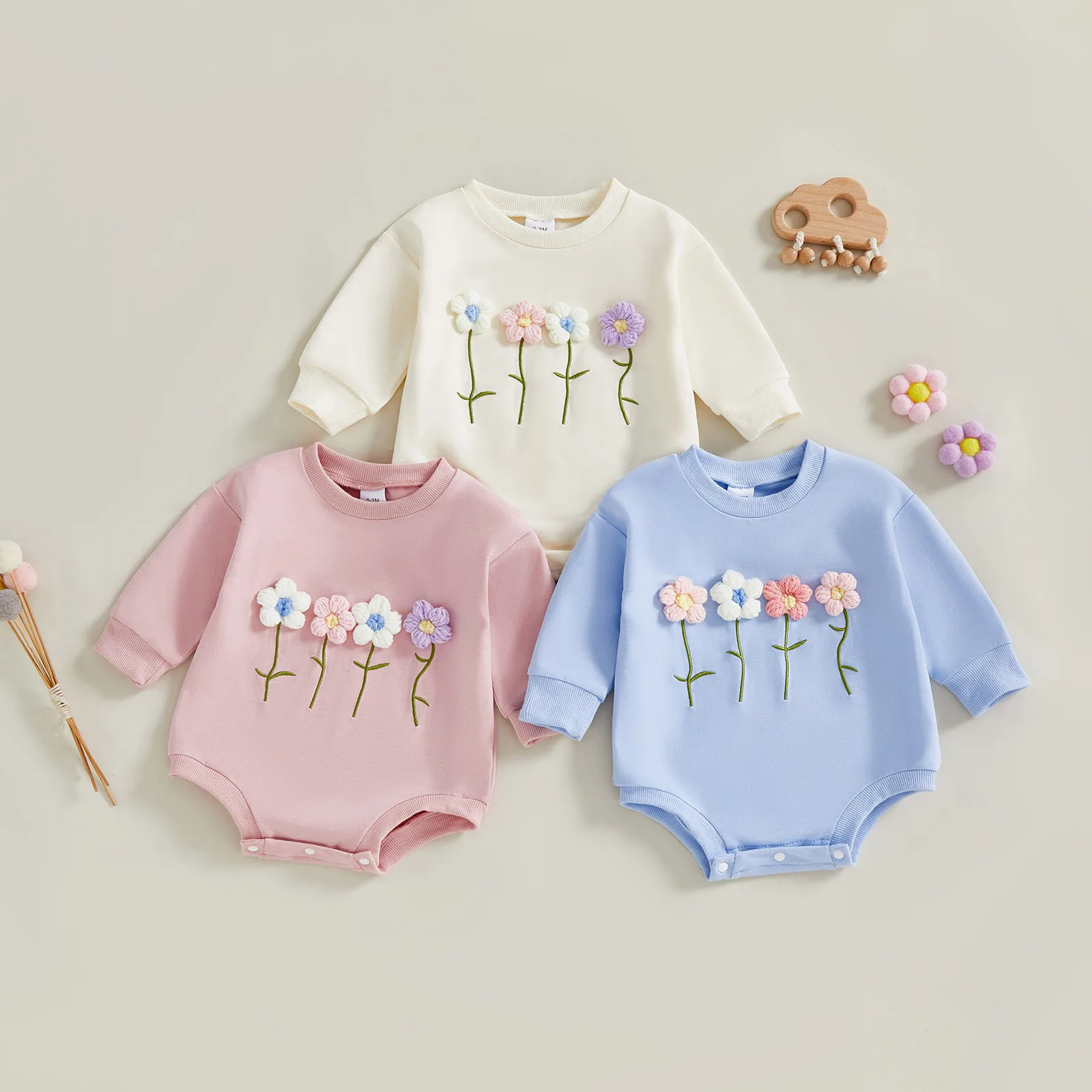 

Baby Girl Autumn Casual Romper Long Sleeve Round Neck Floral Embroidery Jumpsuit For 0-18 Months