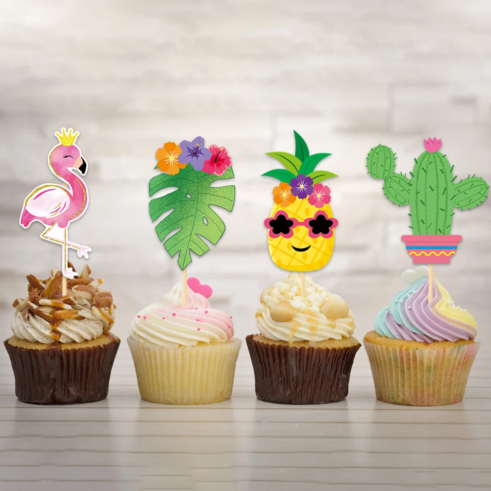 

8pcs Hawaii Party Cake Inserts Cupcake Toppers Pineapple Cactus Flamingo Tropical Theme Decoration for Dessert Fruit