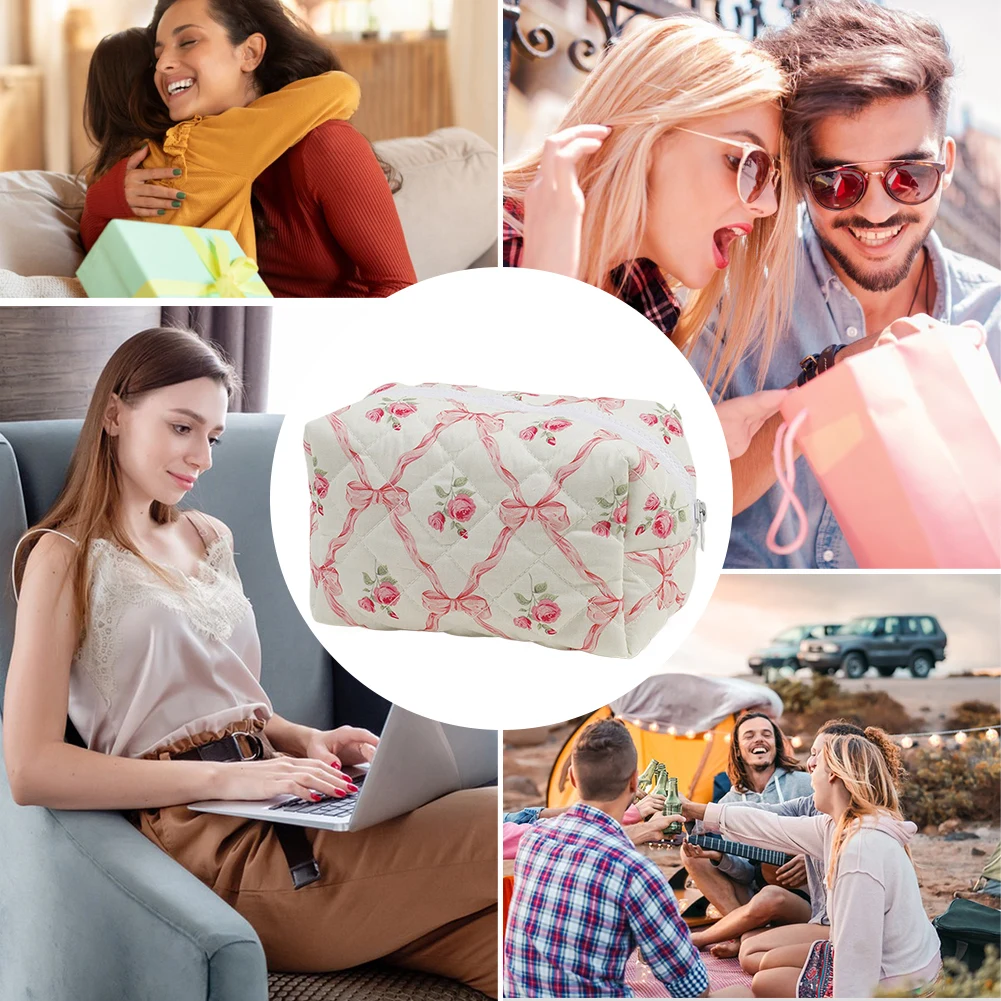 Cute Bow Floral Makeup Organizer Storage Bag with Zipper Cosmetic Organizer Case Cotton Quilted Skincare Bag for Women and Girls