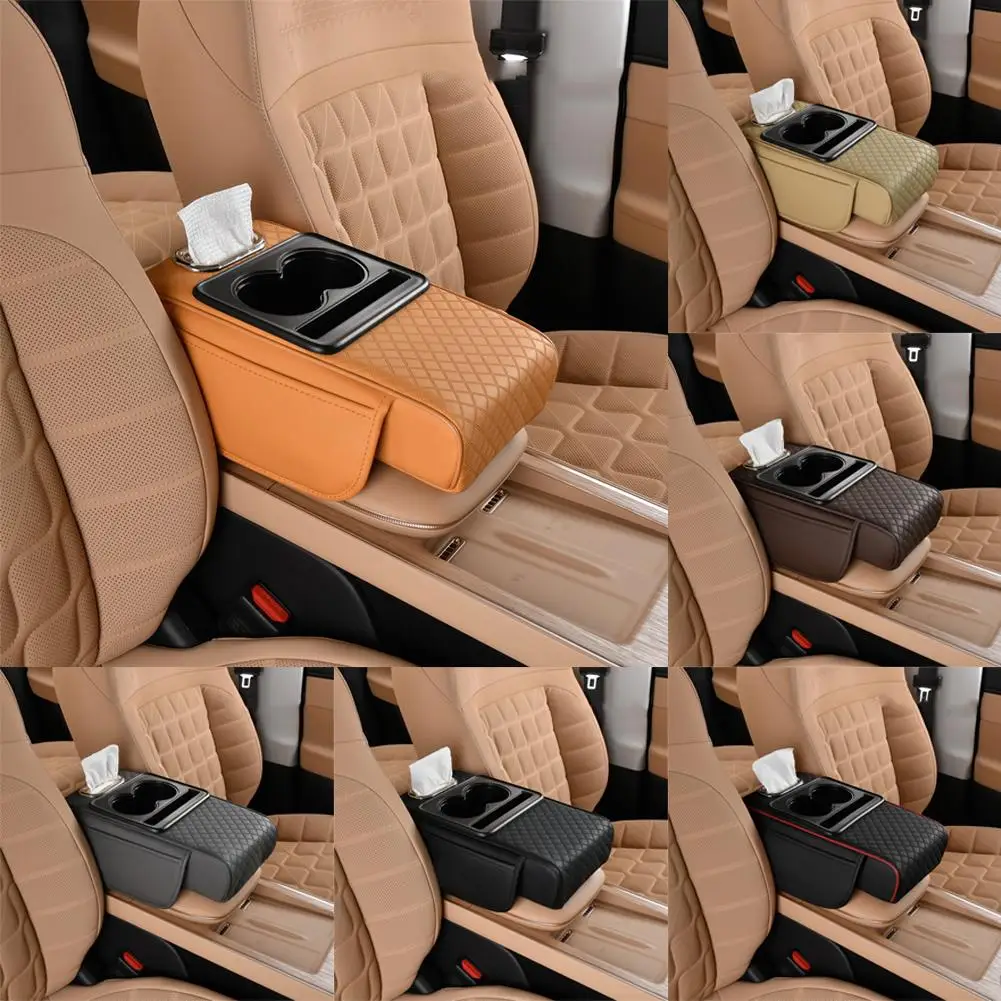 

Car Armrest Box Heightening Cushion With Cup Holder Tissue Box Side Storage Pocket For Auto Interior Arm Rest Cover Height O7I7