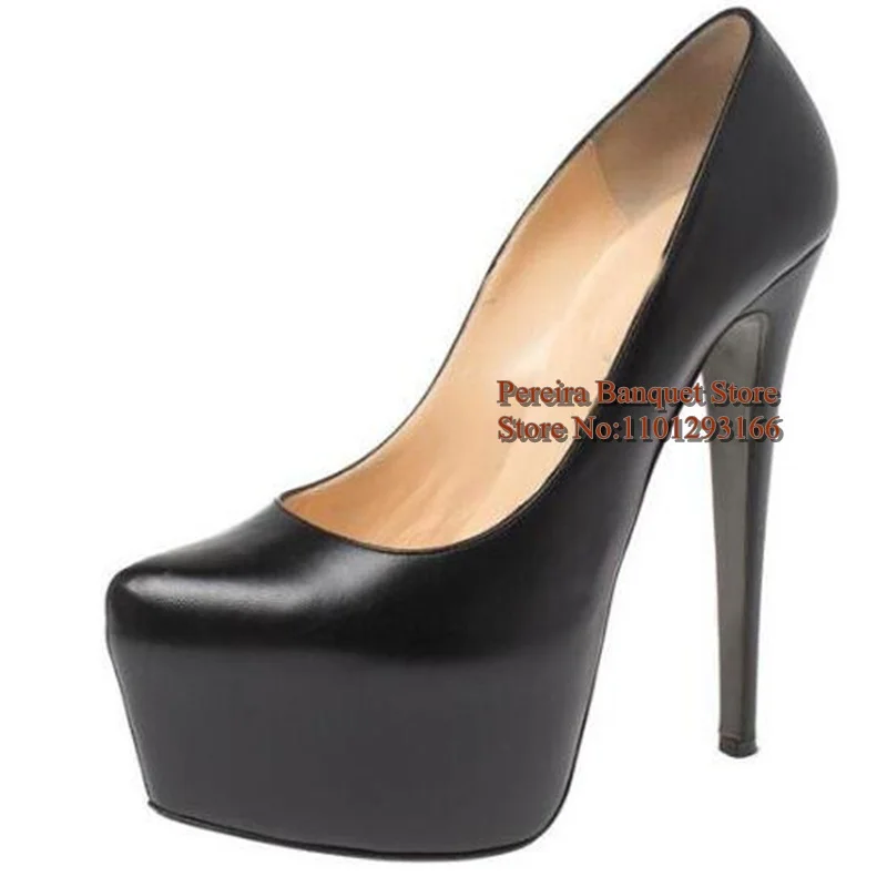 Sexy Black Matte Leather 16cm Platform Pumps Round Toe Stiletto High Heels Women Shoes Plus Size 46 Party Dress Shoes