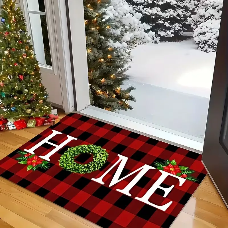 Luxurious Dark Green Gold Christmas Wreath Doormat Non Slip Entrance Rug For Elegant Holiday Season Front Door Decor Gift